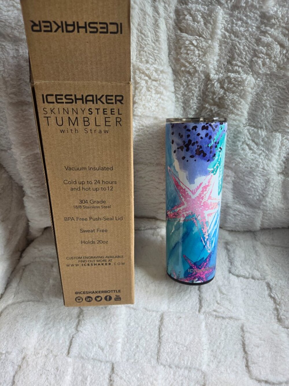 Ice Shaker 20oz Starfish Skinny Steel Tumbler With Straw & Lid (New In Box)